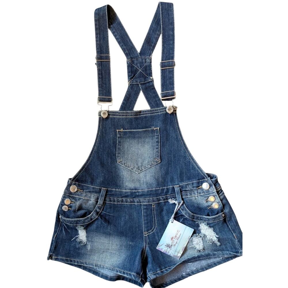 Almost Famous Denim Shortalls Overalls Jean Shorts Juniors 9 Distressed Romper